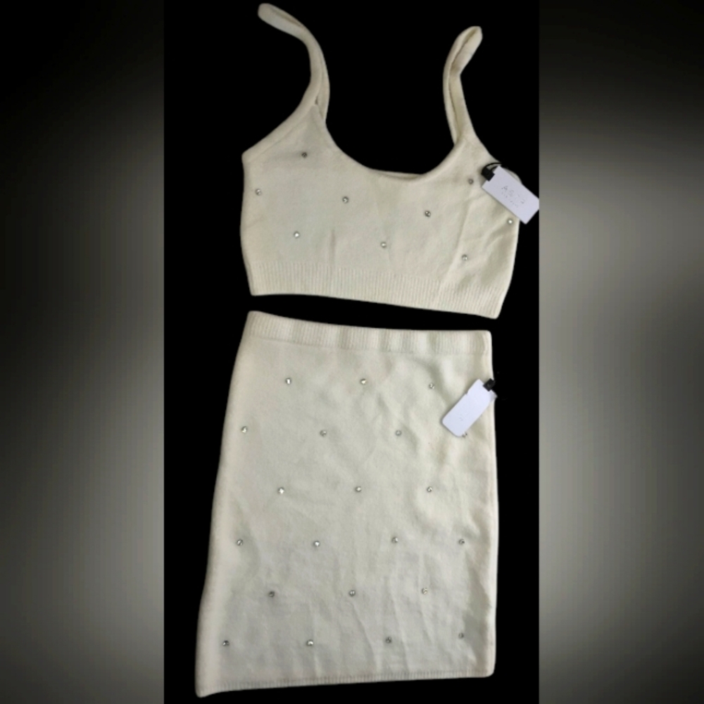ASTR the Label Sweater Crop Top & Matching Skirt Set Sz L Ivory Embellished NWT